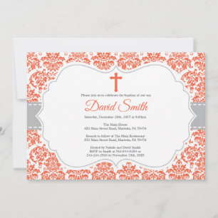 Baptism Invitation Red and Grey Damask