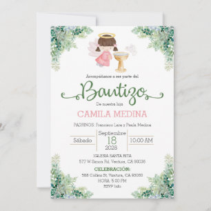 Baptism Invitation Spanish Girl Greenery