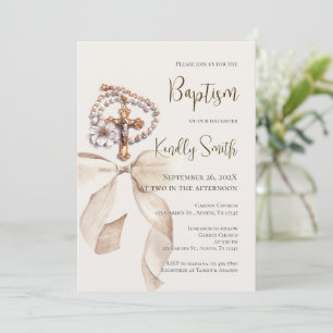 Baptism invitation with bow and rosary