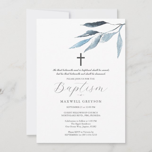 Baptism Invitations Dusty Blue Botanicals  (Front)