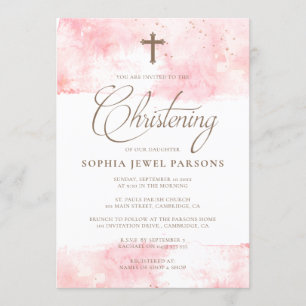 Baptism Invitations Pink Splash & Gold Glitter