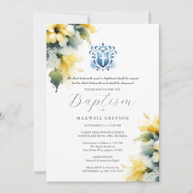 Baptism Invitations Religious Blue and Yellow (Front)