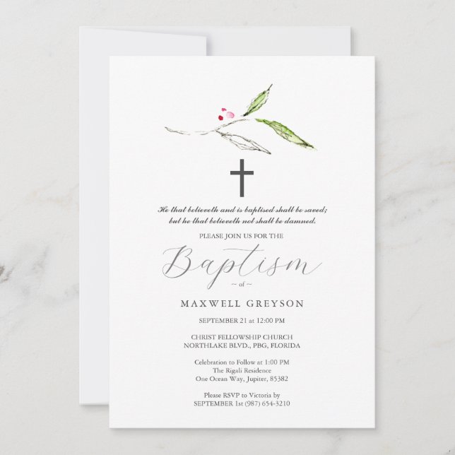 Baptism Invitations Religious Botanicals  (Front)