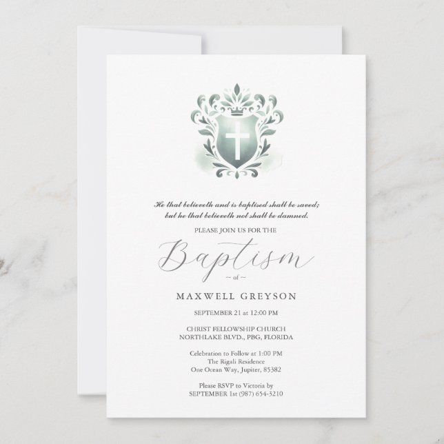 Baptism Invitations Religious Sage Green Crest (Front)