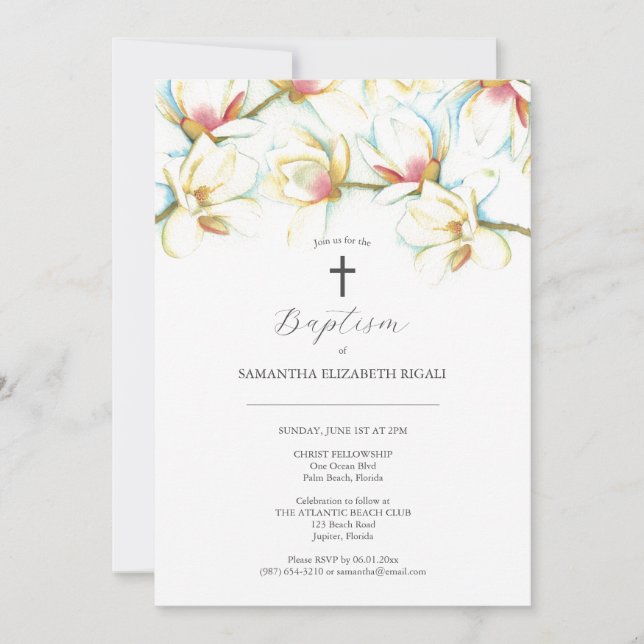 Baptism Invitations Watercolor Magnolia Flowers (Front)