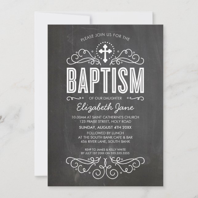 BAPTISM INVITE elegant flourish chalkboard grey (Front)
