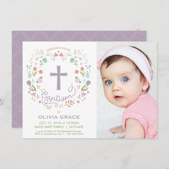 Baptism Invite for Girl - Photo, Custom, Pretty (Front/Back)