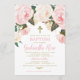 Baptism Invite   Pink Floral Gold