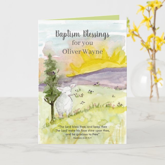 Baptism Lamb Sunrise Landscape Personalized Card (Yellow Flower)
