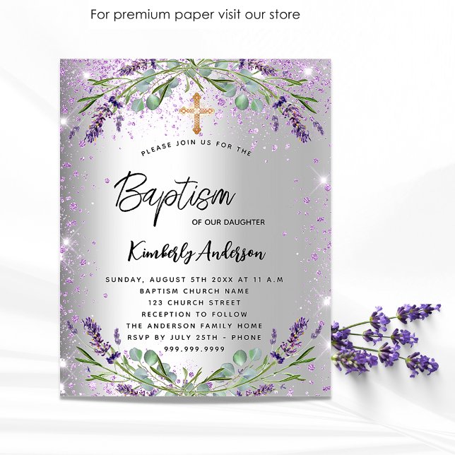 Baptism lavender silver violet budget invitation flyer (Creator Uploaded)