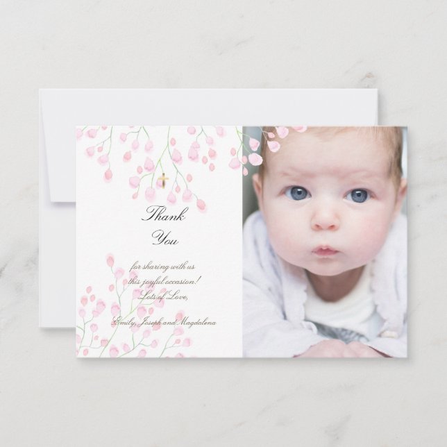 Baptism little pink flowers thank you invitation (Front)