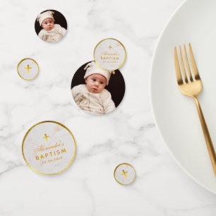 Baptism Marble Faux Gold Foil Cross Elegant Script Confetti
