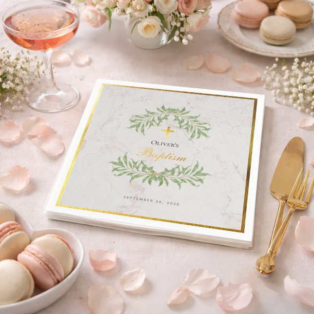 Baptism Marble Foliage Faux Gold Foil Calligraphy Napkin (Creator Uploaded)