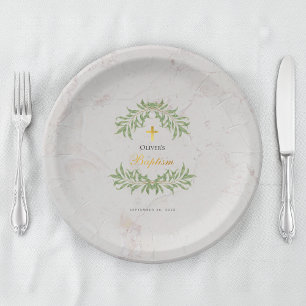 Baptism Marble Foliage Greenery Faux Gold Script  Paper Plate