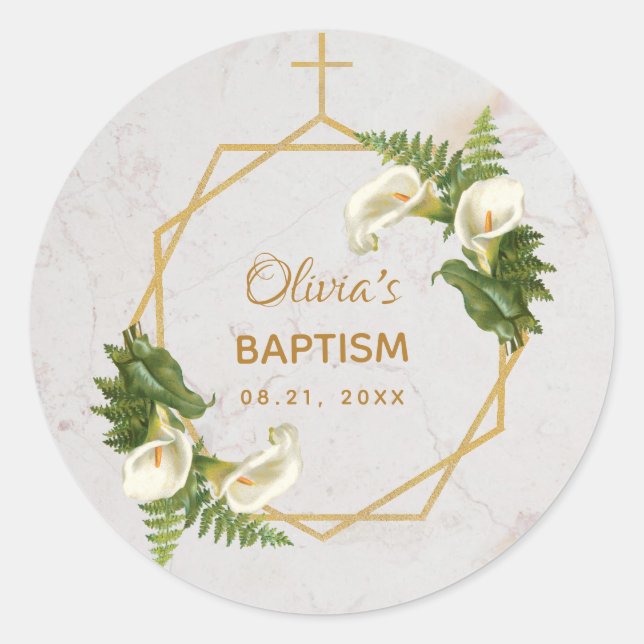 Baptism Marble Gold Calla Lilies Floral Geometric Classic Round Sticker (Front)