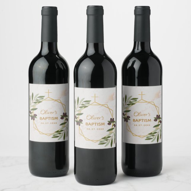 Baptism Marble Olive Branch Botanical Geometric Wi Wine Label (Bottles)