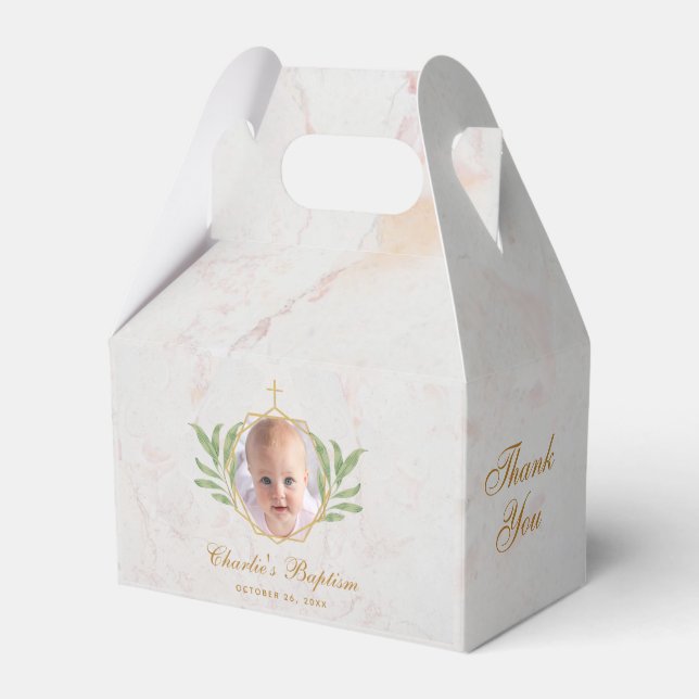 Baptism Marble Photo Leaves Foliage Botanical Favor Box (Front Side)