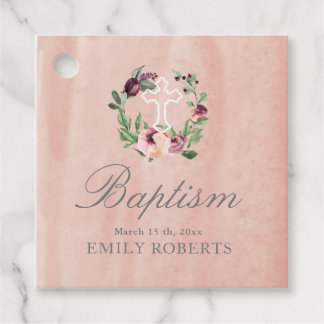 baptism marsala floral blush pink monogram favour tags