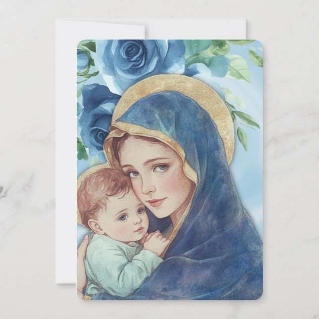  Baptism Mary Jesus Blue Floral Shamrocks  Invitation (Back)