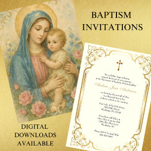 Baptism Mary with Jesus Pink Roses Vintage  Invitation