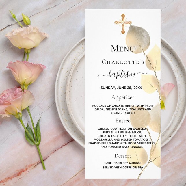 Baptism menu white golden eucalyptus cross (Creator Uploaded)