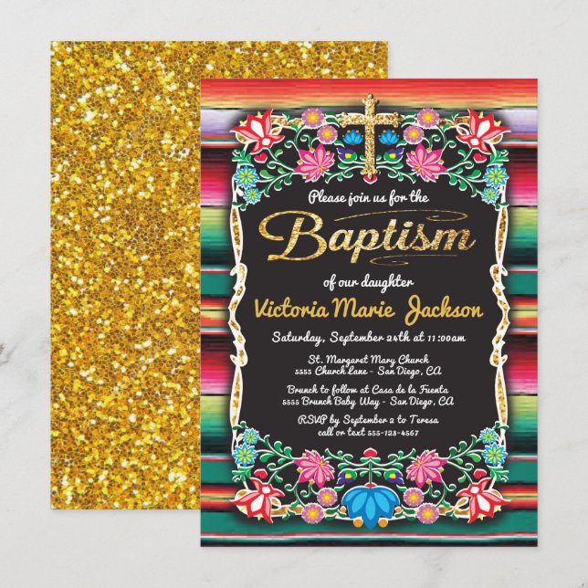 Baptism Mexican Fiesta Party Gold Glitter cross Invitation (Front/Back)