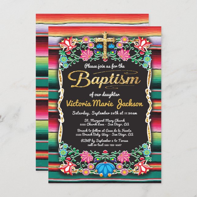 Baptism Mexican Fiesta Party Gold Glitter cross Invitation (Front/Back)