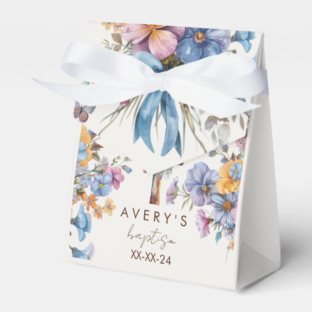 Baptism modern blue watercolor cross elegant favor box (Front Side)