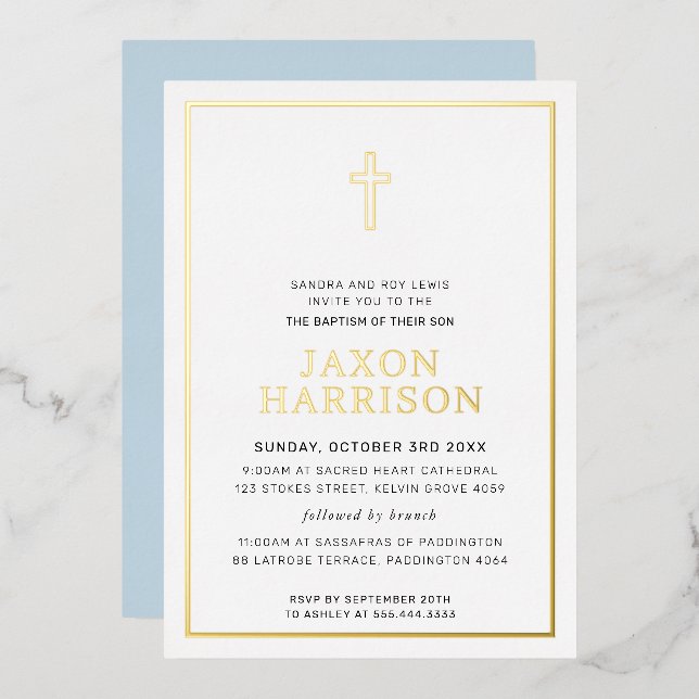 BAPTISM modern elegant cross boy baby blue (Front/Back)