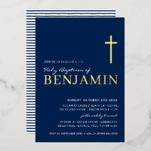 BAPTISM modern elegant cross navy blue gold