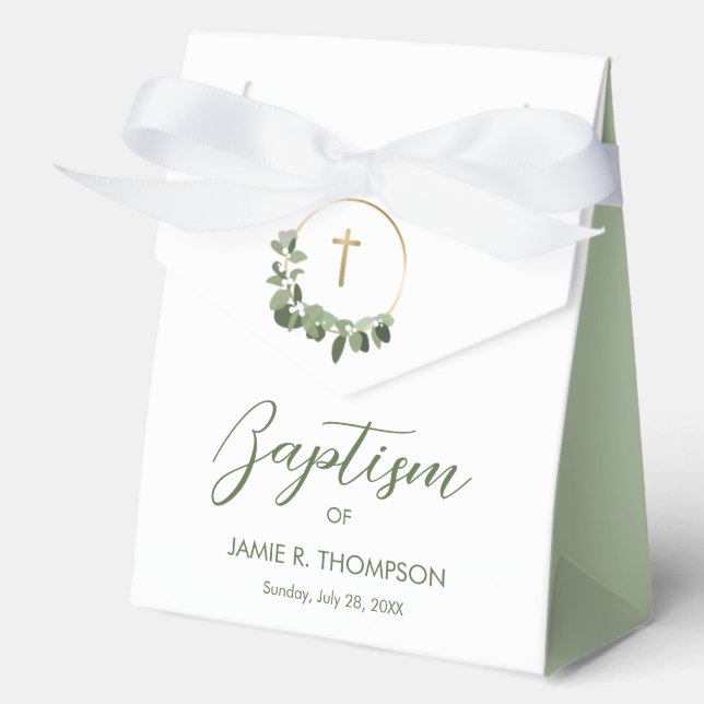 Baptism Modern Green Wreath gold cross Custom Favor Box (Front)