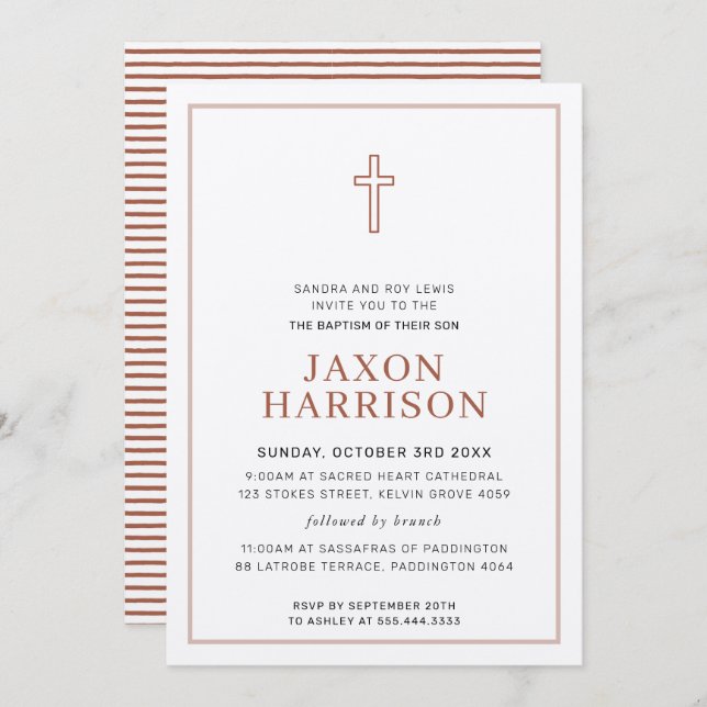 BAPTISM modern minimal cross simple clay brown Invitation (Front/Back)
