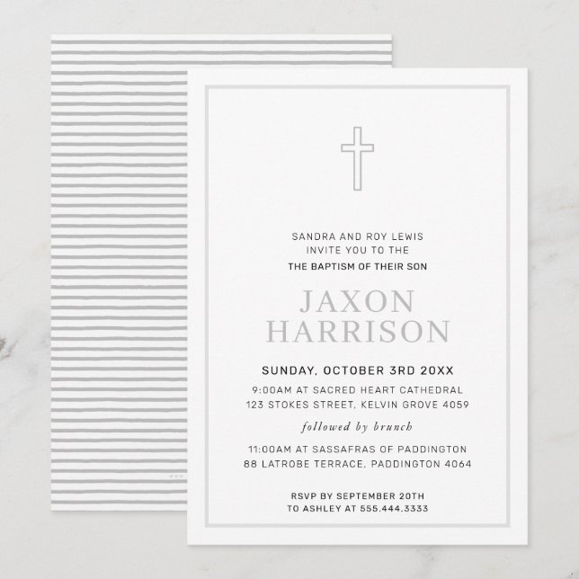 BAPTISM modern minimal cross simple soft grey grey Invitation (Front/Back)