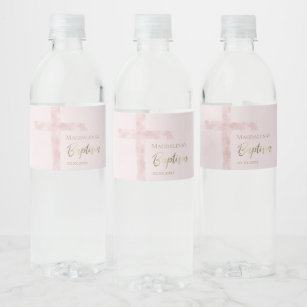 Baptism modern pink watercolor  water bottle label