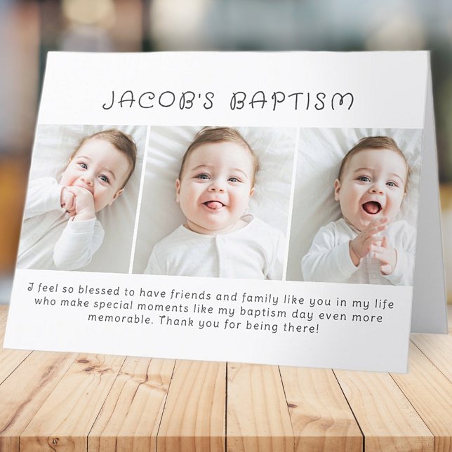Baptism Modern Simple Chic Three Photo Thank You Card (Creator Uploaded)