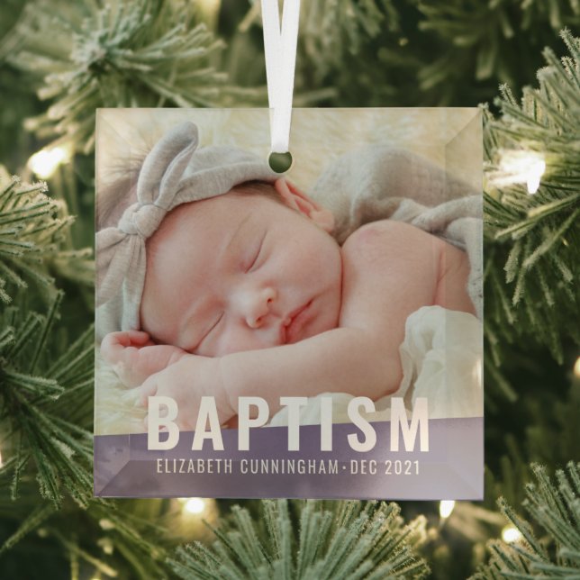 Baptism Modern Simple Custom Baby Photo Glass Ornament (Insitu)