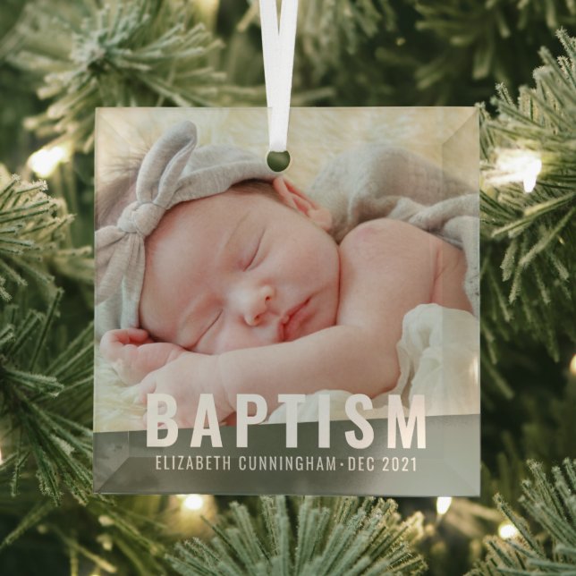 Baptism Modern Simple Custom Baby Photo Glass Ornament (Insitu)