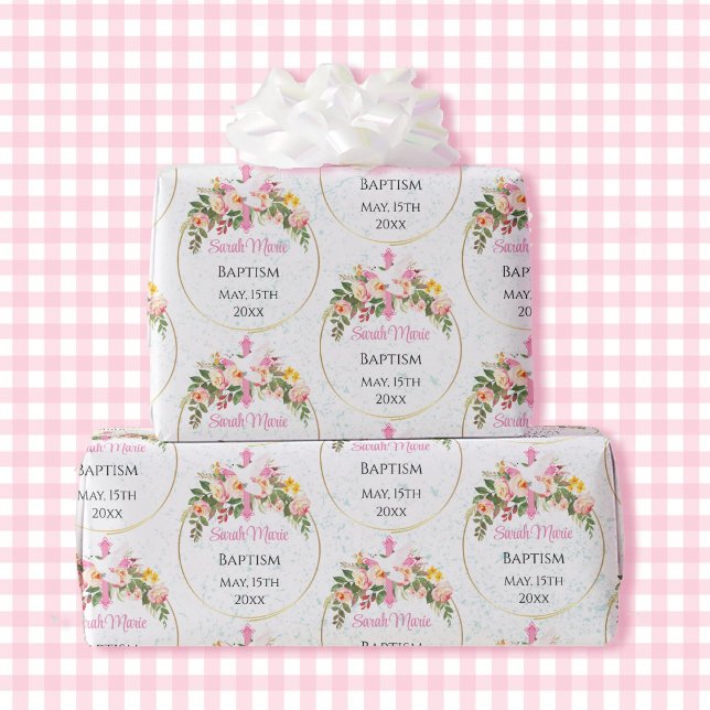 Baptism Name Date Pink Floral Spray Wrapping Paper (Creator Uploaded)