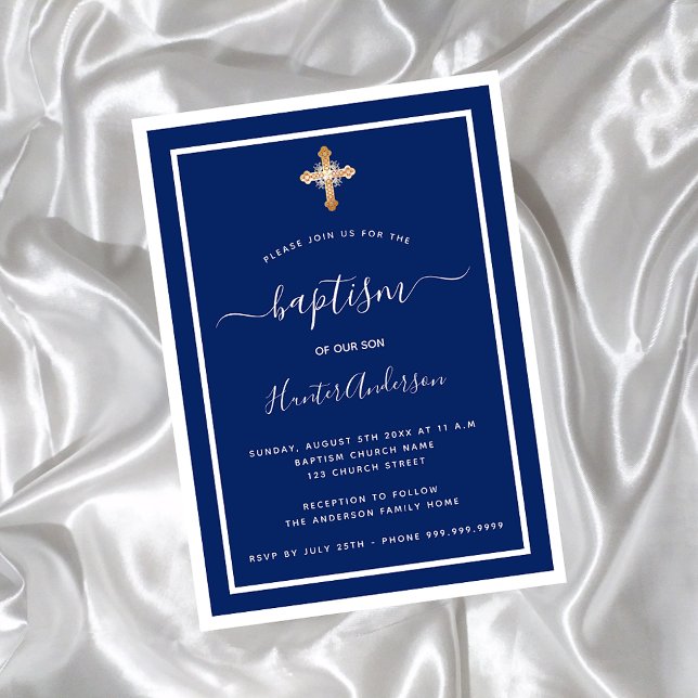 Baptism navy blue white baby boy gold cross invitation (Creator Uploaded)