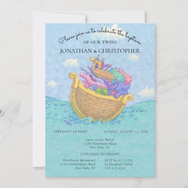 Baptism Noah's Ark Twins Baby Animals Blue Invitation (Front)