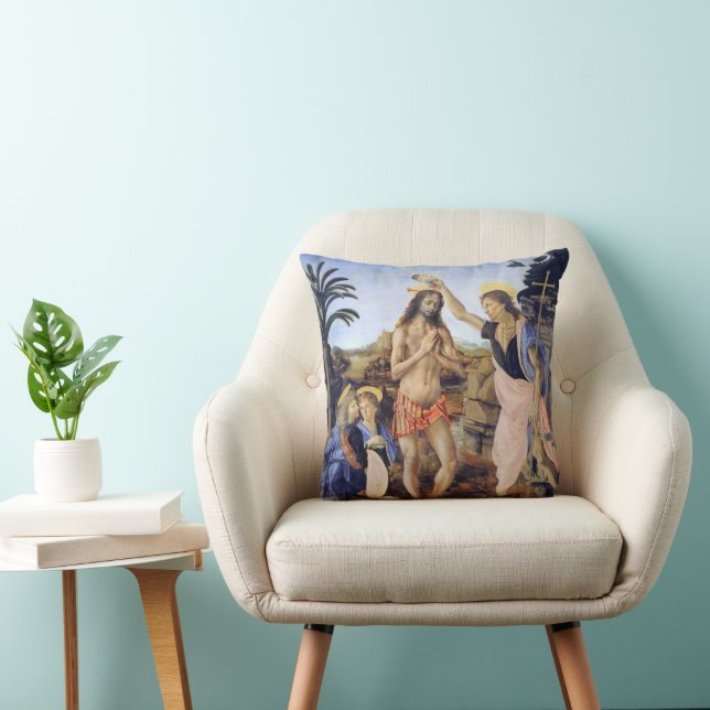 Baptism of Christ by Verrocchio, Leonardo da Vinci Throw Pillow (Chair)