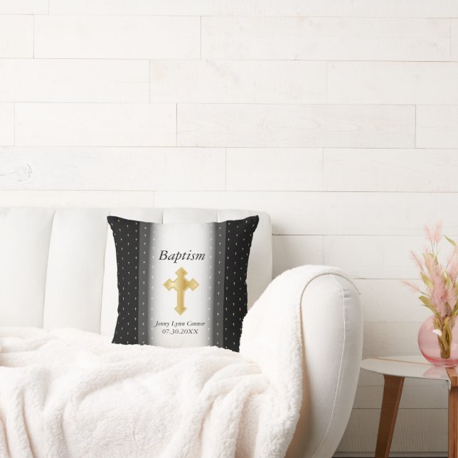 Baptism on Black with Gold Cross Throw Pillow (Couch)