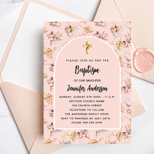 Baptism pampas florals rose gold pink girl invitation