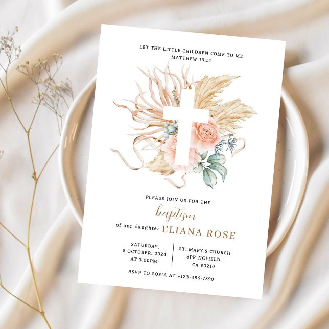 Baptism Pampas Grass Rose Boho Cross Invitation (Creator Uploaded)