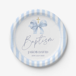Baptism Paper Plates for Boys, Modern Blue Bow 