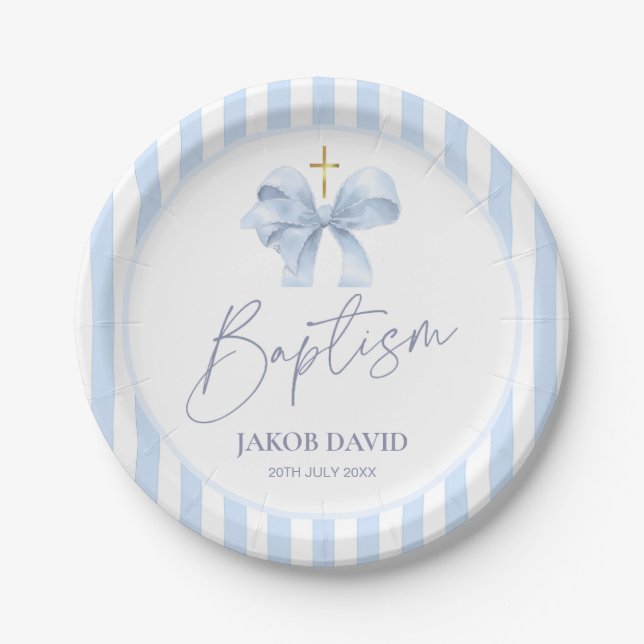 Baptism Paper Plates for Boys, Modern Blue Bow  (Front)