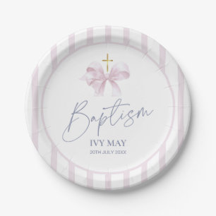 Baptism Paper Plates for Girl, Modern Pink Bow 