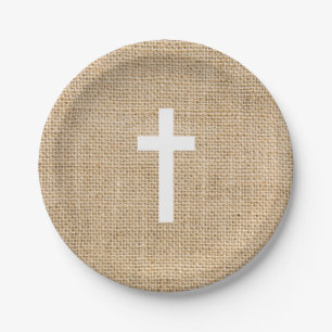 Baptism Paper Plates White Cross Rustic Burlap