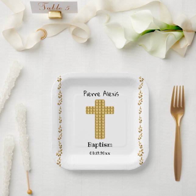 Baptism Party & Gold Cross, Glitter, White Paper Plate (Wedding)