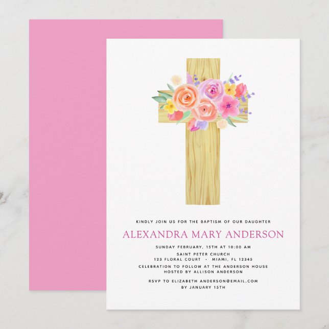 Baptism Pastel Floral Pink Rose Cross Invitation (Front/Back)
